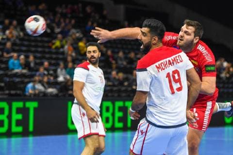 HANDBALL - IHF WC, AUT vs BRN COPENHAGEN,DENMARK,20.JAN.19 - HANDBALL - IHF Men s World Championships, international match Länderspiel Austria vs Bahrain. Image shows Jasim Alsalatna, Mohamed Merza (BHR) and Tobias Wagner (AUT). GEPAxpictures xOliverxLerch