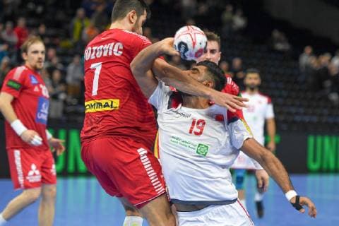 HANDBALL - IHF WC, AUT vs BRN COPENHAGEN,DENMARK,20.JAN.19 - HANDBALL - IHF Men s World Championships, international match Länderspiel Austria vs Bahrain. Image shows Gerald Zeiner, Janko Bozovic (AUT) and Mohamed Merza (BHR). GEPAxpictures xOliverxLerch