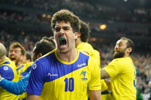 GER IHF WM 2019 Brazil BRA vs Croatia CRO 20 01 2019 Lanxess Arena Cologne GER IHF WM 2019 Brazil BRA vs Croatia CRO in picture picture shows the Brazilians are happy about the extraordinary victory Jose Toledo BRA 10 nordphotox xMeuter nph00351