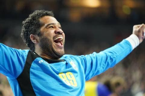 GER IHF WM 2019 Brazil BRA vs Croatia CRO 20 01 2019 Lanxess Arena Cologne GER IHF WM 2019 Brazil BRA vs Croatia CRO picture shows the Brazilians are happy about the extraordinary victory Leonardo Tercariol goalkeeper BRA 62 nordphotox xMeuter nph00351