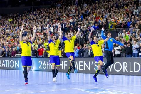 Gustavo Rodrigues Nr 95 Brazil Rudolph Hachbarth Nr 77 Brazil Felipe Borges Nr 18 Brazil Jose Toledo Nr 10 Brazil and Cesar Augusto Almeida Nr 89 Brazil are happy about the victory Brazil vs. Croatia Main Round Handball IHF Handball World Championship 20 01 19 Cologne Nordrhein Westfalen Germany Lanxess Arena Copyright: xAgentur54Gradx xFelixxKoenigx