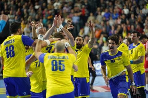 GER IHF WM 2019 Brazil BRA vs Croatia CRO 20 01 2019 Lanxess Arena Cologne GER IHF WM 2019 Brazil BRA vs Croatia CRO in picture picture shows the Brazilians are happy about the extraordinary victory Haniel Langaro BRA 37 Raul Nantes BRA 49 TchÃª Thiagus Petrus BRA 14 Jose Toledo BRA 10 Felipe Borges BRA 18 Gustavo Rodrigues BRA 95 nordphotox xMeuter nph00351