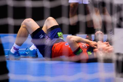 190120 Magnus J¿ndal of Norway in pain during the IHF World Handball Championship match between Norway and Egypt on January 20 2019 in Herning Photo Petter Arvidson BILDBYR u0081N kod PA 92208,  Copyright: PETTERxARVIDSON BB190120PA077
