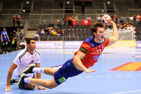 190120 Magnus Abelvik Rod of Norway and Abodelrahman Abdou of Egypt during the IHF World Handball Championship match between Norway and Egypt on January 20 2019 in Herning Photo Petter Arvidson BILDBYRAN kod PA 92208,  Copyright: PETTERxARVIDSON BB190120PA106