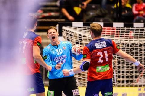 190120 Goalkeeper Torbjorn Bergerud of Norway celebrates during the IHF World Handball Championship match between Norway and Egypt on January 20 2019 in Herning Photo Petter Arvidson BILDBYRAN kod PA 92208,  Copyright: PETTERxARVIDSON BB190120PA107