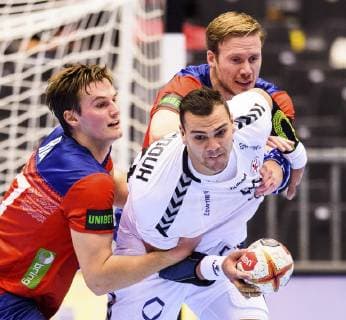 190120 Magnus Abelvik Rod and Magnus Gullerud of Norway in action with Mohamed Shebib of Egypt during the IHF World Handball Championship match between Norway and Egypt on January 20 2019 in Herning Photo Petter Arvidson BILDBYRAN kod PA 92208,  Copyright: PETTERxARVIDSON BB190120PA113