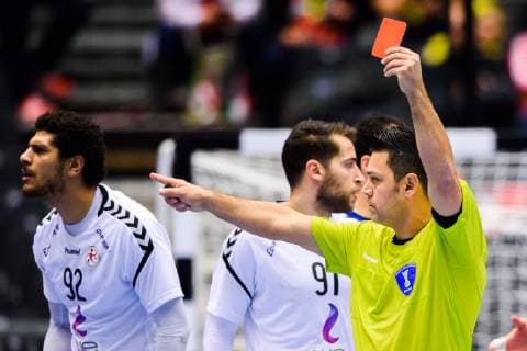 190120 Karim Abdelrahim of Egypt receives a red card during the IHF World Handball Championship match between Norway and Egypt on January 20 2019 in Herning Photo Petter Arvidson BILDBYR u0081N kod PA 92208,  Copyright: PETTERxARVIDSON BB190120PA115