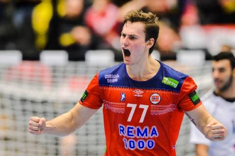 190120 Magnus Abelvik R¿d of Norway celebrates during the IHF World Handball Championship match between Norway and Egypt on January 20 2019 in Herning Photo Petter Arvidson BILDBYR u0081N kod PA 92208,  Copyright: PETTERxARVIDSON BB190120PA129