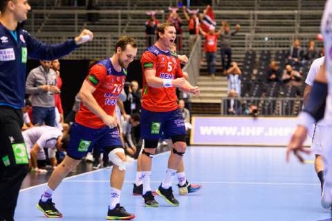 190120 Christian O Sullivan and Sander Sagosen celebrates after the IHF World Handball Championship match between Norway and Egypt on January 20 2019 in Herning Photo Petter Arvidson BILDBYRAN kod PA 92208,  Copyright: PETTERxARVIDSON BB190120PA143
