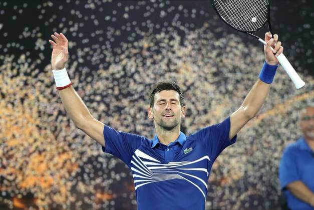 Sport Bilder des Tages (190121) -- MELBOURNE, Jan. 21, 2019 (Xinhua) -- Novak Djokovic of Serbia celebrates after the men s singles fourth round match between Novak Djokovic of Serbia and Daniil Medvedev of Russia at 2019 Australian Open in Melbourne, Australia, on Jan. 21, 2019. Novak Djokovic won 3-1. (Xinhua Bai Xuefei) (SP)AUSTRALIA-MELBOURNE-TENNIS-AUSTRALIAN OPEN 