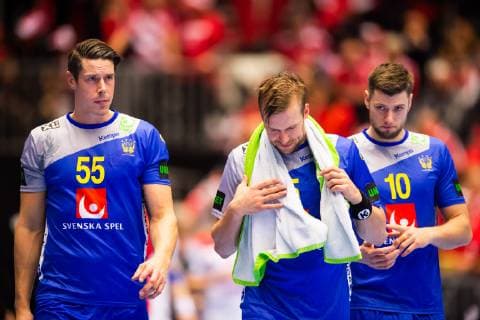 190121 Kim Andersson Max Darj and Niclas Ekberg of Sweden look dejected during the IHF World Handball Championship match between Sweden and Norway on January 21 2019 in Herning Photo Petter Arvidson BILDBYRAN kod PA 92209,  Copyright: PETTERxARVIDSON BB190121PA048