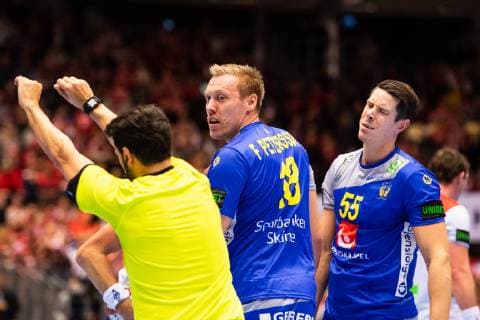 190121 Fredric Pettersson and Kim Andersson of Sweden look dejected during the IHF World Handball Championship match between Sweden and Norway on January 21 2019 in Herning Photo Petter Arvidson BILDBYRAN kod PA 92209,  Copyright: PETTERxARVIDSON BB190121PA074