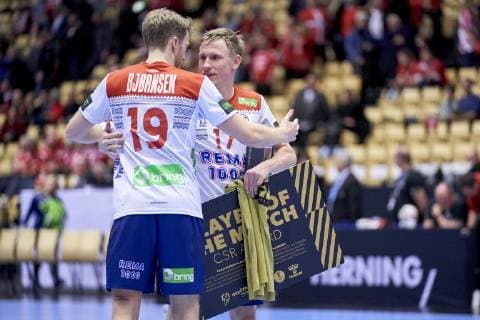 IHF Men s World Championship WM Weltmeisterschaft 2019 Group C handball match. Player of the match Magnus Jondal (17) celebrates with teammate Kristian Bjornsen (19) of Norway during the men s IHF Handball World Championship Main Round Group 2 between Sweden and Noway at the Jyske Bank Boxen arena in Herning Denmark on Monday January 21, 2019. Denmark 