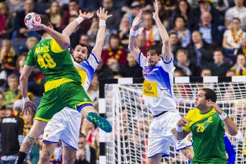 Cologne Germany 21 January 2019 World Cup 2019 Men Main Round Spain vs Brazil vs Raul Nantes Brazil Gedeon Guardiola Spain Rhine Neckar Loewen Viran Morros de Argila Spain Vinicius Teixeira Brazil Cologne Lanxess Arena Nordrhein Westfalen Germany