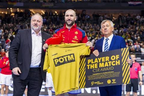 Cologne Germany 21 January 2019 World Cup 2019 Men Main Round Spain vs Brazil v left DHB President Andreas Michelmann Joan Canellas Spain EHF President Michael Wiederer Cologne Lanxess Arena Nordrhein Westfalen Germany