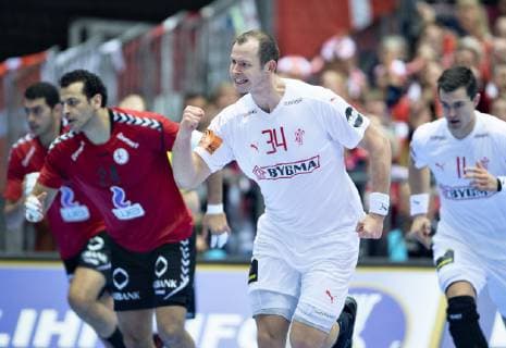Simon Hald Jensen of Denmark after a goal during the men s IHF Handball World Championship Main Round Group 2 match between Egypt and Denmark in Herning Denmark Monday Jan 21 2019 Herning Jylland Denmark,  Copyright: HenningxBagger HenningxBaggerx COP105 spdk20190121-204352-L