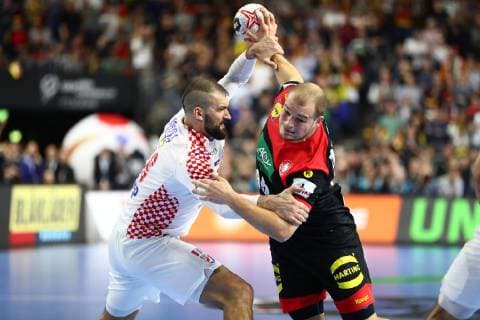 Paul Drux Germany in a duel with Zeljko Musa Croatia vs. Germany IHF Men Handball World Championship 21 01 2019 Photographer Neis Eibner Croatia vs. Germany IHF Men Handball World Championship 21 01 2019 Cologne Copyright: xEIBNER Alexander_Neisx EP_ANS