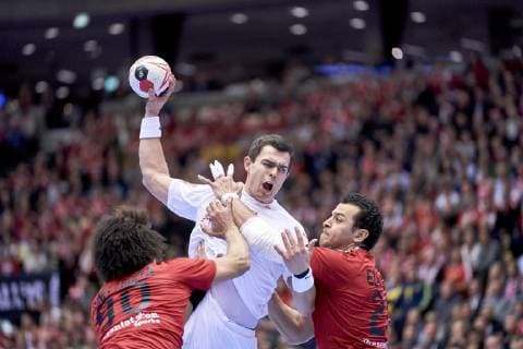 IHF Men s World Championship WM Weltmeisterschaft 2019 Group C handball match. Rasmus Lauge (11) of Denmark between Zeinelabedin Ali (90) and Elmasry Ibrahim (24) of Egypt during the men s IHF Handball World Championship Main Round Group 2 between Denmark and Egypt at the Jyske Bank Boxen arena in Herning Denmark on Monday January 21, 2019. Denmark 