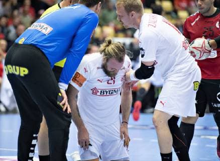 Henrik Moellgaard of Denmark have received a blow to the head during the men s IHF Handball World Championship Main Round Group 2 match between Egypt and Denmark in Herning Denmark Monday Jan 21 2019 Herning Jylland Denmark,  Copyright: HenningxBagger HenningxBaggerx COP105 spdk20190121-212240-L