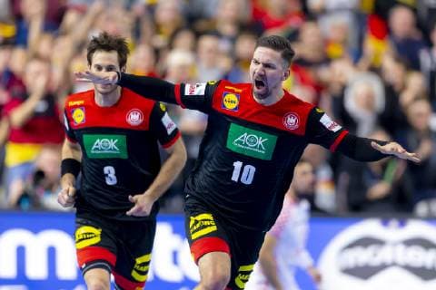 Uwe Gensheimer No 3 Germany and Fabian Wiede No 10 Germany are happy Croatia vs Germany Main Round Handball IHF Handball World Championship 21 01 19 Cologne North Rhine-Westphalia Germany Lanxess Arena Copyright: xAgentur54Gradx xFelixxKoenigx