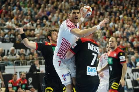 GER IHF WM 2019 Croatia CRO vs Germany GER 21 01 2019 Lanxess Arena Cologne GER IHF WM 2019 Croatia CRO vs Germany GER picture shows Luka StepanÄiÄ CRO 7 in duel against Patrick Wiencek GER 7 nordphotox xMeuter nph00351
