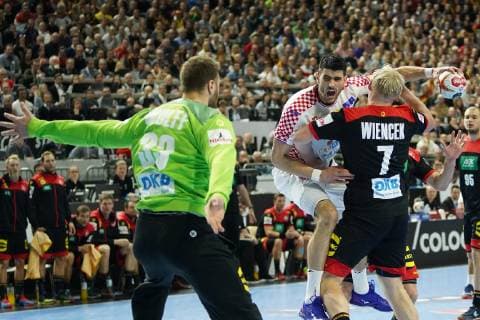 GER IHF WM 2019 Croatia CRO vs Germany GER 21 01 2019 Lanxess Arena Cologne GER IHF WM 2019 Croatia CRO vs Germany GER picture shows Luka StepanÄiÄ CRO 7 in duel against Patrick Wiencek GER 7 nordphotox xMeuter nph00351