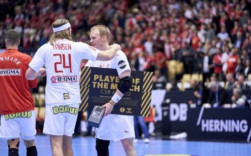 IHF Men s World Championship WM Weltmeisterschaft 2019 Group C handball match. Player of the match Anders Zachariassen (14) of Denmark celebrates with teammate $Mikkel Hansen (24) after the men s IHF Handball World Championship Main Round Group 2 between Denmark and Egypt at the Jyske Bank Boxen arena in Herning Denmark on Monday January 21, 2019. Denmark 