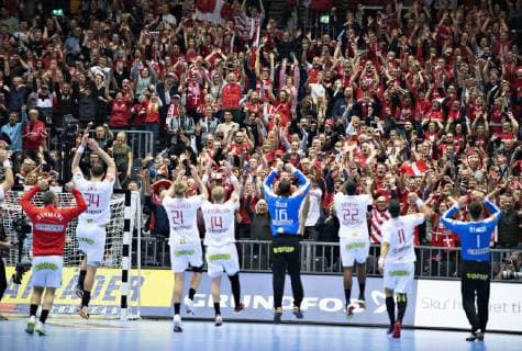 The danish players celebrate their victory in the men s IHF Handball World Championship Main Round Group 2 match between Egypt and Denmark in Herning Denmark Monday Jan 21 2019 Herning Jylland Denmark,  Copyright: HenningxBagger HenningxBaggerx COP105 spdk20190121-220548-L