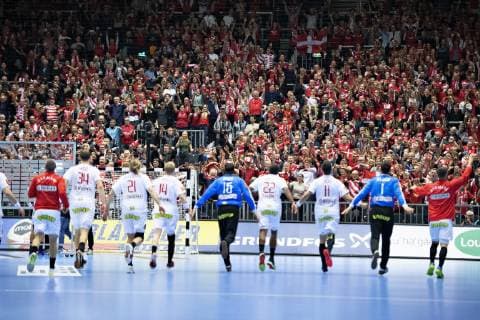 The danish players celebrate their victory in the men s IHF Handball World Championship Main Round Group 2 match between Egypt and Denmark in Herning Denmark Monday Jan 21 2019 Herning Jylland Denmark,  Copyright: HenningxBagger HenningxBaggerx COP105 spdk20190121-220834-L