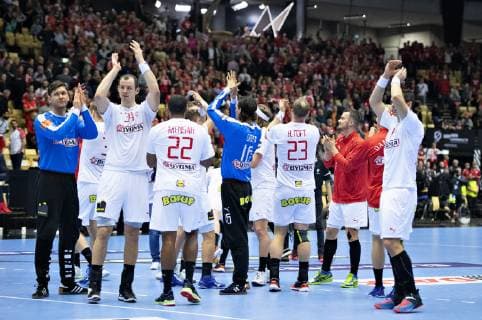 The danish players celebrate their victory in the men s IHF Handball World Championship Main Round Group 2 match between Egypt and Denmark in Herning Denmark Monday Jan 21 2019 Herning Jylland Denmark,  Copyright: HenningxBagger HenningxBaggerx COP105 spdk20190121-221033-L