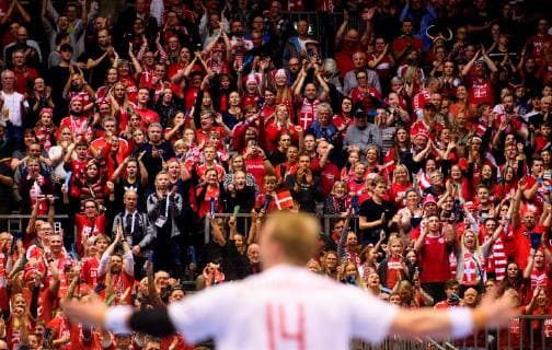 190121 The fans of Denmark celebrates after a goal by Anders Zachariassen of Denmark during the IHF World Handball Championship match between Egypt and Denmark on January 21 2019 in Herning Photo Petter Arvidson BILDBYRAN kod PA 92210,  Copyright: PETTERxARVIDSON BB190121PA144