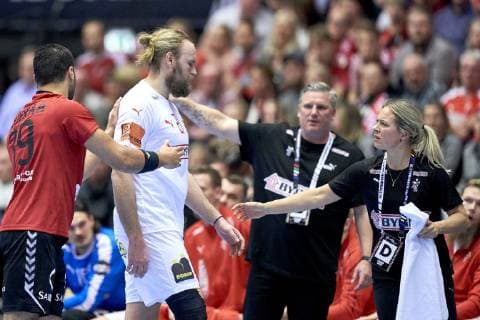 IHF Men s World Championship WM Weltmeisterschaft 2019 Group C handball match. Henrik Mollgaard (21) of Denmark with a injury during the men s IHF Handball World Championship Main Round Group 2 between Denmark and Egypt at the Jyske Bank Boxen arena in Herning Denmark on Monday January 21, 2019. Denmark 