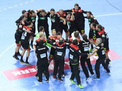 Jubilation Germany The German team celebrates its victory after the final whistle and thus its entry into the semi-final main round Croatia Germany in Cologne Germany on 21 01 2019 IHF Handball World Championship of Men in Germany and Denmark 2019
