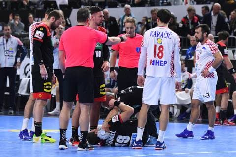 Handball World Championship Main Round Croatia Germany on 21 01 2019 in the Lanxess Arena in Cologne Martin Strobel Germany injured on the ground xRx