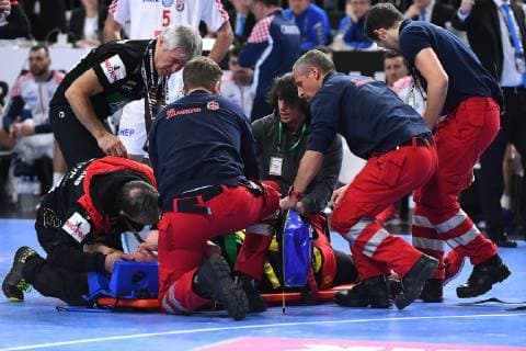 Handball World Championship Main Round Croatia Germany on 21 01 2019 in the Lanxess Arena in Cologne Martin Strobel Germany injured on the ground xRx