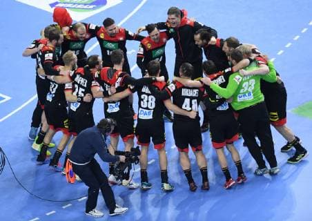 Jubilation Germany The German team celebrates its victory after the final whistle and thus its entry into the semi-final main round Croatia Germany in Cologne Germany on 21 01 2019 IHF Handball World Championship of Men in Germany and Denmark 2019