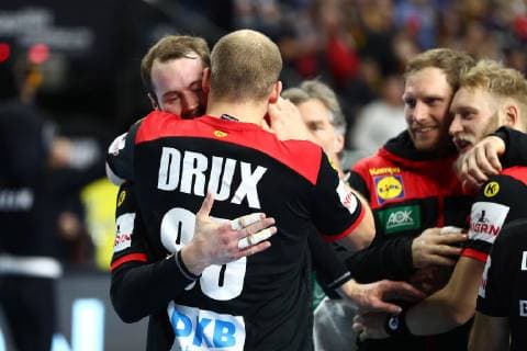 Paul Drux Germany cheers with Steffen Faeth Germany Croatia vs Germany IHF Men Handball World Championship 21 01 2019 Photographer Neis Eibner Croatia vs Germany IHF Men Handball World Championship 21 01 2019 Cologne Copyright: xEIBNER Alexander_Neisx EP_ANS