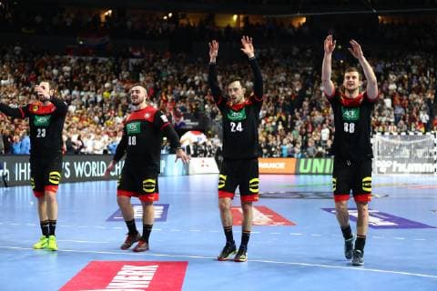 Jannik Kohlbacher Germany Patrick Groetzki Germany and Fabian Boehm Germany celebrate the victory Croatia vs Germany IHF Men Handball World Championship 21 01 2019 Photographer Neis Eibner Croatia vs Germany IHF Men Handball World Championship 21 01 2019 Cologne Copyright: xEIBNER Alexander_Neisx EP_ANS
