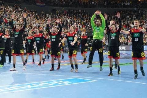 GER IHF WM 2019 Croatia CRO vs Germany GER 21 01 2019 Lanxess Arena Cologne GER IHF WM 2019 Croatia CRO vs Germany GER in picture picture shows the German cheering after the victory nordphotox xMeuter nph00351