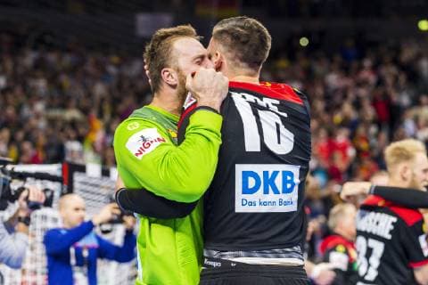 Cologne Germany 21 January 2019 World Cup 2019 Men Main Round Croatia vs Germany vs Torhueter Andreas Wolff Germany THW Kiel Fabian Wiede Germany Fuechse Berlin Final Cheers Final Cheers Emotion Joy Cologne Lanxess Arena North Rhine-Westphalia Germany