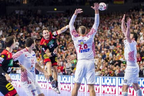 Cologne Germany 21 January 2019 World Cup 2019 Men Main Round Croatia vs Germany Kai Häfner Haefner Germany TSV Hannover Zeljko Musa Croatia Fox Berlin Domagoj Duvnjak Croatia THW Kiel Cologne Lanxess Arena Nordrhein Westfalen Germany