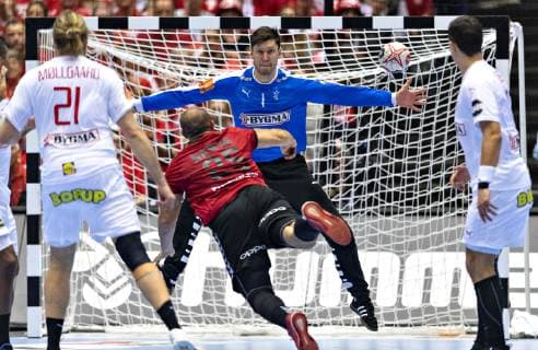 January 21, 2019 - Herning, Denmark - Wisam Nawar, Egypt is attempting a shot on goalkeeper Niklas Landin (1), Denmark during the group C handball match between Egypt and Denmark in Jyske Bank Boxen in Herning during the 2019 IHF Handball World Championship WM Weltmeisterschaft in Germany Denmark. Handball 2019: Egypt-Denmark - ZUMAm173 20190121_zsp_m173_023 Copyright: xLarsxMoellerx