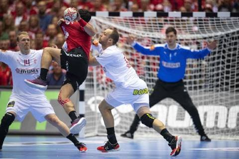 January 21, 2019 - Herning, Denmark - Henrik Moelgaard (21), Denmark and Simon Hald (34), Denmark are blocking Ahmed Elahmar, Egypt during the group C handball match between Egypt and Denmark in Jyske Bank Boxen in Herning during the 2019 IHF Handball World Championship WM Weltmeisterschaft in Germany Denmark. Handball 2019: Egypt-Denmark - ZUMAm173 20190121_zsp_m173_022 Copyright: xLarsxMoellerx