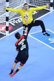 vl Uwe Gensheimer 3 GER Goalkeeper Marin Sego 55 CRO Main Round Croatia Germany in Cologne Germany on 21 01 2019 IHF Handball World Championship of Men in Germany and Denmark 2019