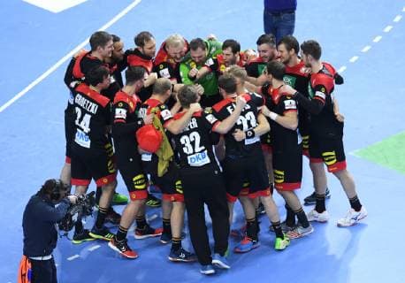 Jubilation Germany The German team celebrates its victory after the final whistle and thus its entry into the semi-final main round Croatia Germany in Cologne Germany on 21 01 2019 IHF Handball World Championship of Men in Germany and Denmark 2019
