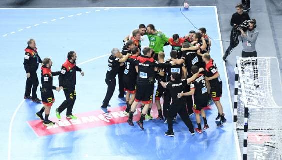 Jubilation Germany The German team celebrates its victory after the final whistle and thus its entry into the semi-final main round Croatia Germany in Cologne Germany on 21 01 2019 IHF Handball World Championship of Men in Germany and Denmark 2019