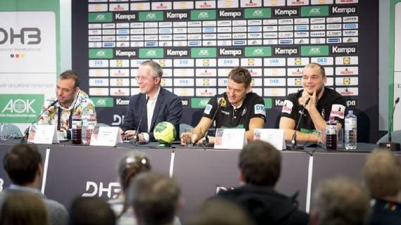 DHB Vice President Bob Hanning Press Officer Tim Oliver Kalle Coach Christian Prokop and Paul Drux No 95 Germany DHB Main Round Press Conference Handball IHF Handball World Championship 22 01 19 Cologne North Rhine-Westphalia Germany Lanxess Arena Copyright: xAgentur54Gradx xFelixxKoenigx
