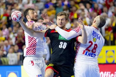 Fabian Boehm No 38 Germany vs Domagoj Duvnjak No 5 Croatia and Zeljko Musa No 28 Croatia vs Germany Main Round Handball IHF Handball World Championship 21 01 19 Cologne North Rhine-Westphalia Germany Lanxess Arena Copyright: xAgentur54Gradx xFelixxKoenigx
