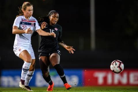 190122 Emilie Bosshard Haavi of Norway and Nichelle Prince of Canada during the international friendly match between Norway and Canada on January 22 2019 in La Manga Photo Vegard Wivestad Gr¿tt BILDBYR u0081N kod VG 170271,  Copyright: VEGARDxWIVESTADxGR¯TT BB190122BB639