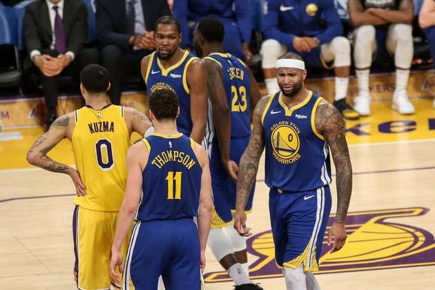 LOS ANGELES, CA - JANUARY 21: Golden State Warriors center DeMarcus Cousins (0) looks at the referee in disbelief during the Golden State Warriors game versus the Los Angeles Lakers on January 22, 2019, at the Staples Center in Los Angeles, CA. (Photo by Icon Sportswire) NBA Basketball Herren USA JAN 21 Warriors at Lakers Icon190121098 EDITORIAL USE ONLY